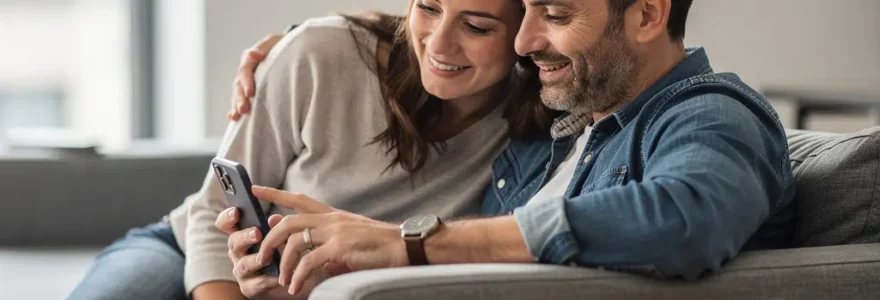 Couple français consultant une simulation de capacité d'emprunt immobilier sur smartphone