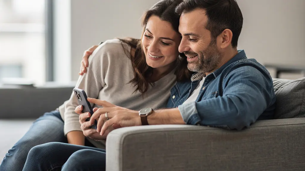 Couple français consultant une simulation de capacité d'emprunt immobilier sur smartphone