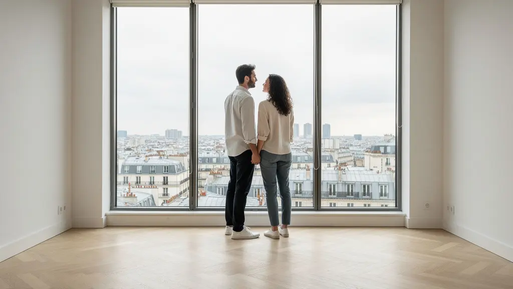 Couple visitant un appartement vide avec vue sur la ville pour projet d'achat immobilier