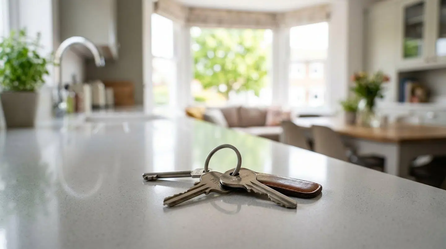 Clés d'appartement posées sur comptoir de cuisine neuve symbolisant la réussite du projet immobilier