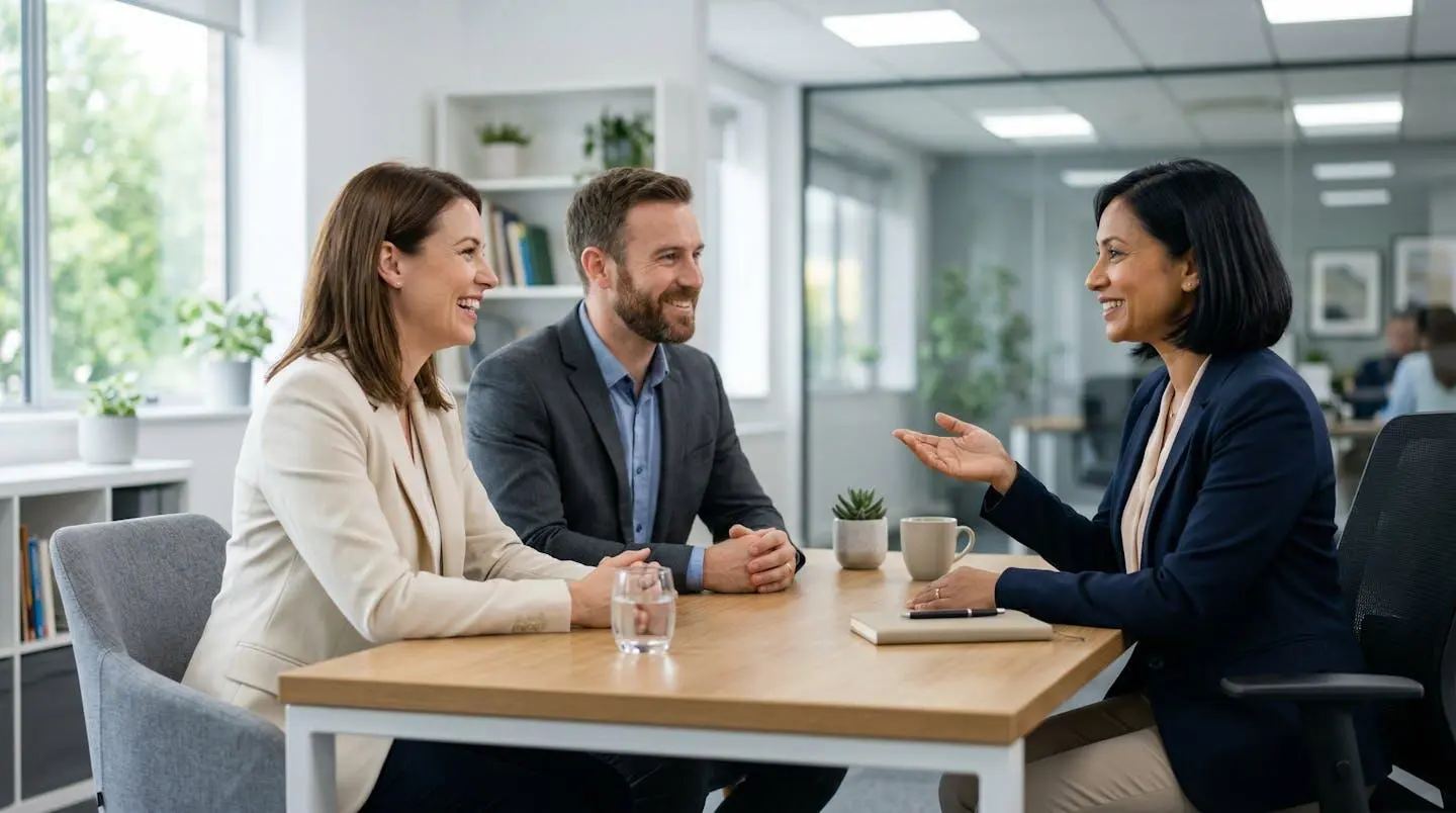 Conversation entre un conseiller crédit et un couple dans un espace de travail moderne pour projet immobilier