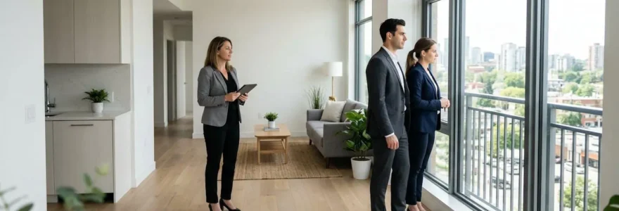 Couple trentenaire visitant un appartement lumineux avec agent immobilier pour projet capacité emprunt