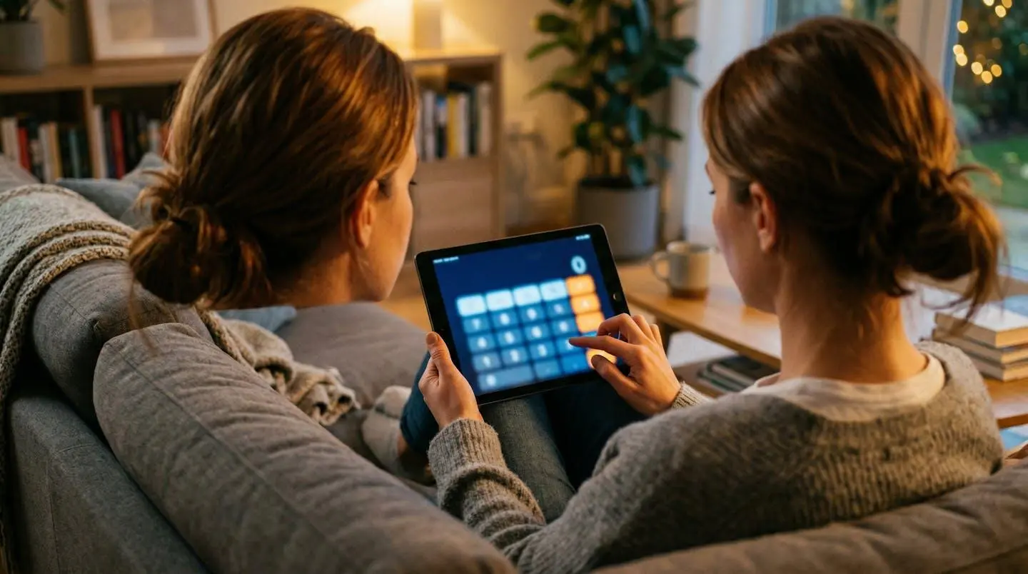 Personne consultant une simulation de capacité d'emprunt sur tablette dans un salon cosy